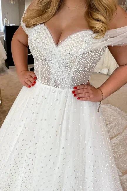 Elegant A-line White Off-the-Shoulder Pearls Sleeveless Wedding Dress by misshow.com
