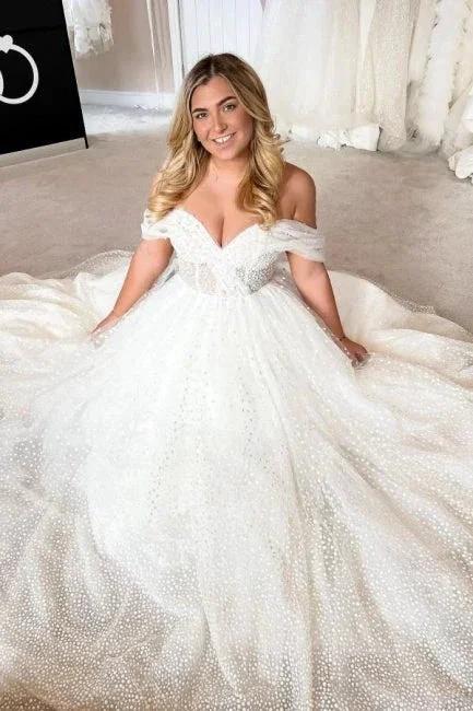 Elegant A-line White Off-the-Shoulder Pearls Sleeveless Wedding Dress by misshow.com
