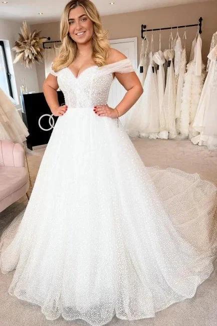 Elegant A-line White Off-the-Shoulder Pearls Sleeveless Wedding Dress by misshow.com