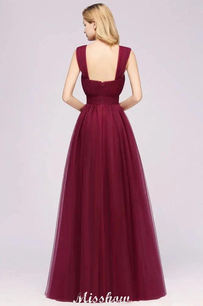 Elegant aline Sleeveless Tulle Evening Maxi Gown Burgundy Straps Bridesmaid Dress by misshow.com
