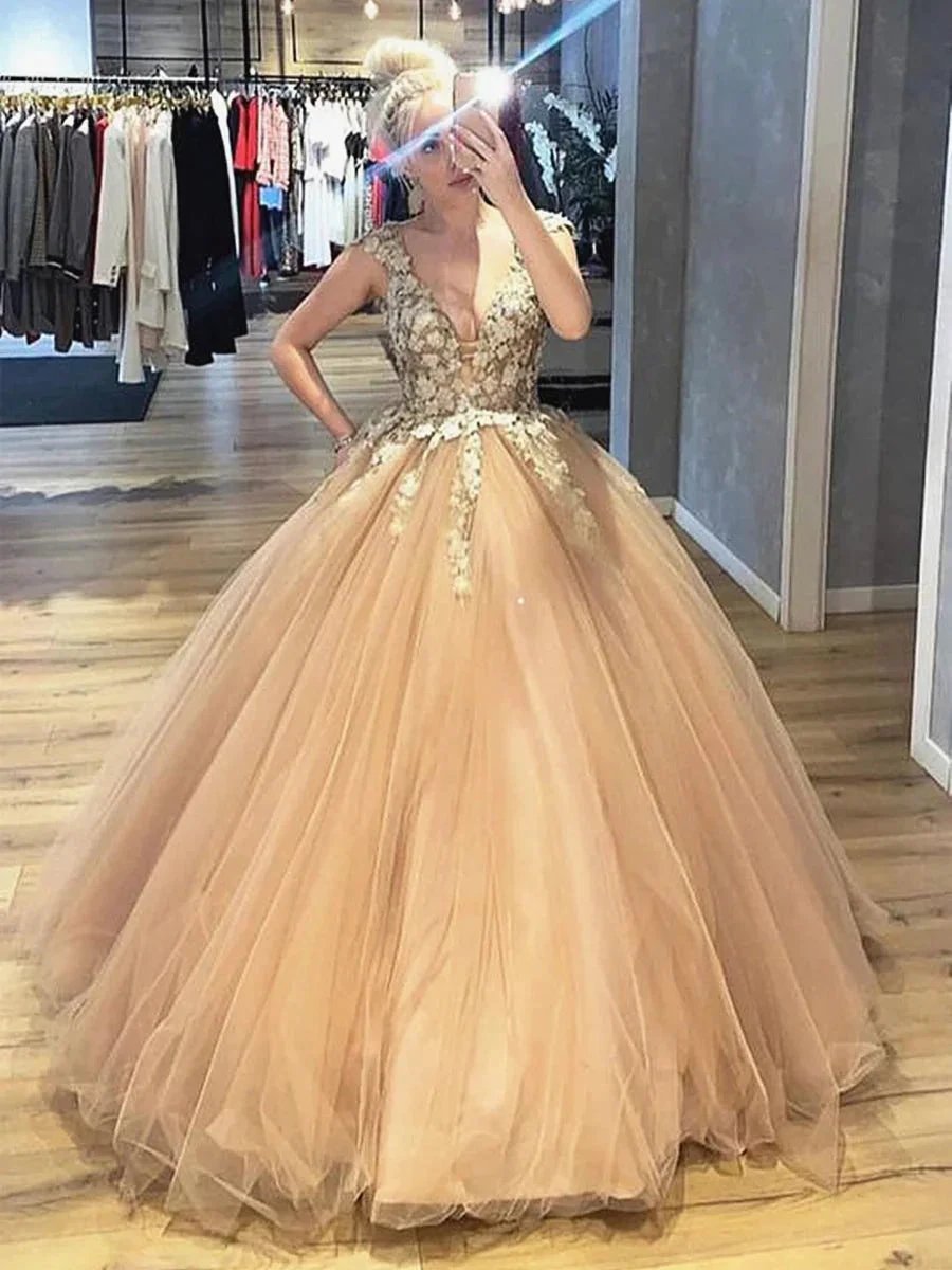 Elegant Ball Gown V Neck Lace Tulle Long Graduation Prom Dresses by BIZTUNNEL