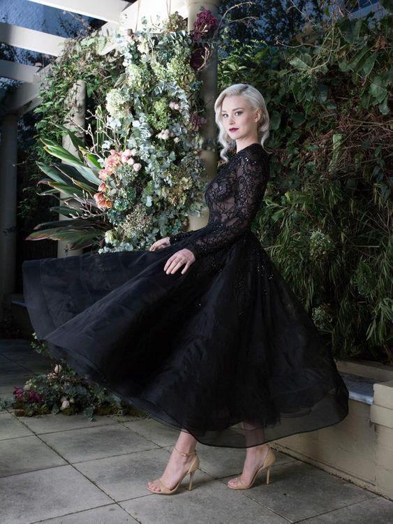 Elegant Black Bateau Appliques Lace Short Wedding Dress with Sleeves by BIZTUNNEL