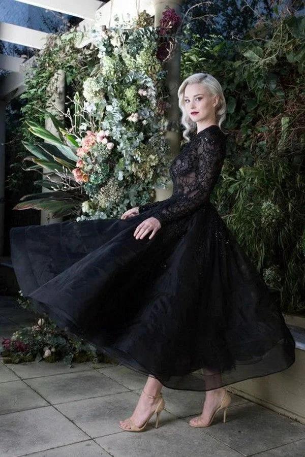 Elegant Black Bateau Appliques Lace Short Wedding Dress with Sleeves by BIZTUNNEL