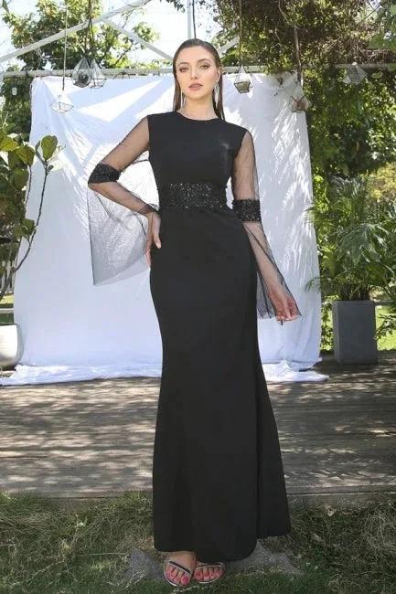 Elegant Black Jewel Long-Sleeves Mermaid Satin Prom Dresses by misshow.com