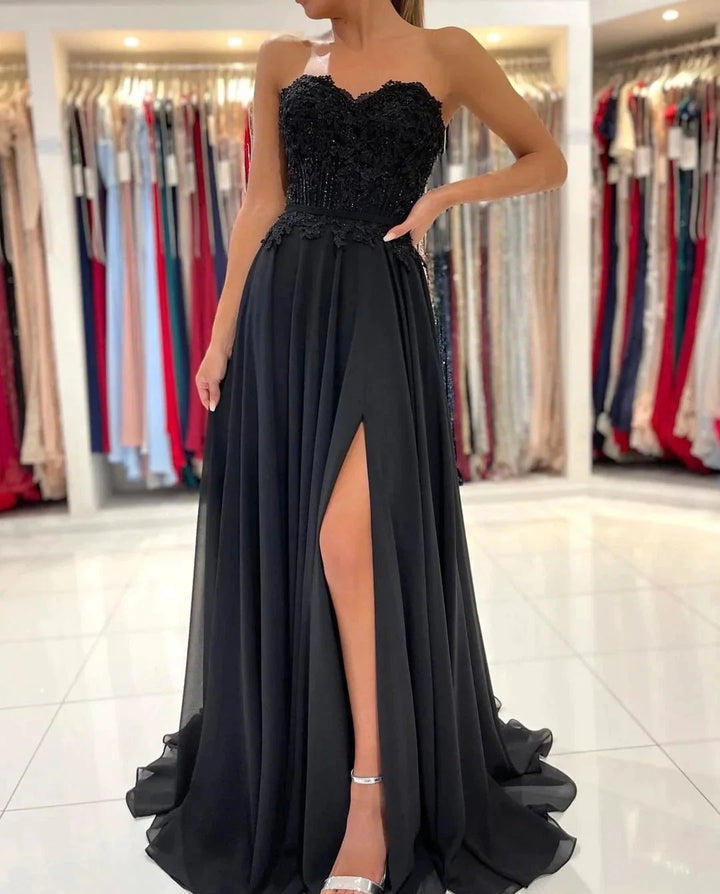 Elegant Black Long A-line Sweetheart Chiffon Prom Dress with Slit by BIZTUNNEL