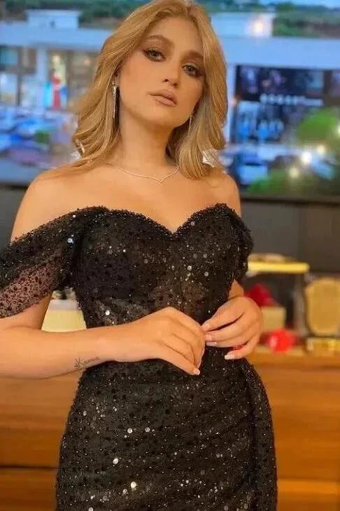 Elegant Black Long Mermaid Off-the-shoulder Sequined Formal Prom Dress With Slit by BIZTUNNEL