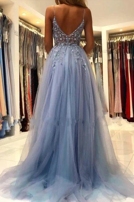 Elegant Blue Long Evening Dresses Beadings Prom Dresses With Slit by misshow.com