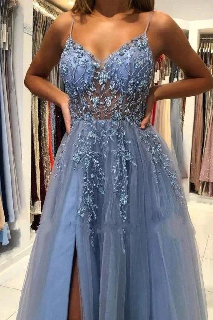 Elegant Blue Long Evening Dresses Beadings Prom Dresses With Slit by misshow.com