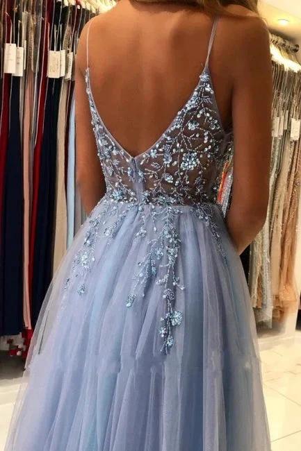 Elegant Blue Long Evening Dresses Beadings Prom Dresses With Slit by misshow.com
