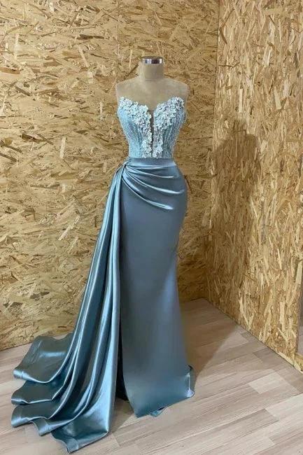 Elegant Blue Strapless Sleeveless Mermaid Elastic Woven Satin Prom Dresses with Ruffles by misshow.com