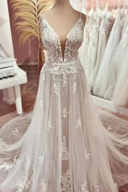Elegant Boho V-neck A-line Spaghetti Straps Backless Wedding Dress with Lace by misshow.com