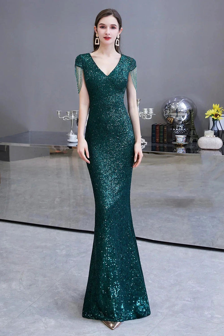 Elegant Cap Sleeve Green Sequins Long Prom Dress by BIZTUNNEL