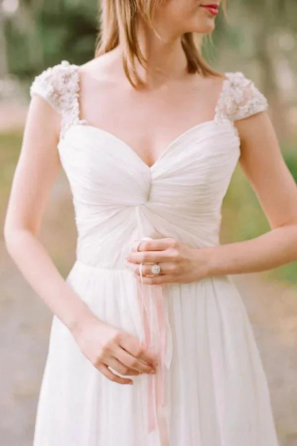 Elegant Cap Sleeve Long Chiffon Sweetheart Wedding Dress WD030 by pgmdress