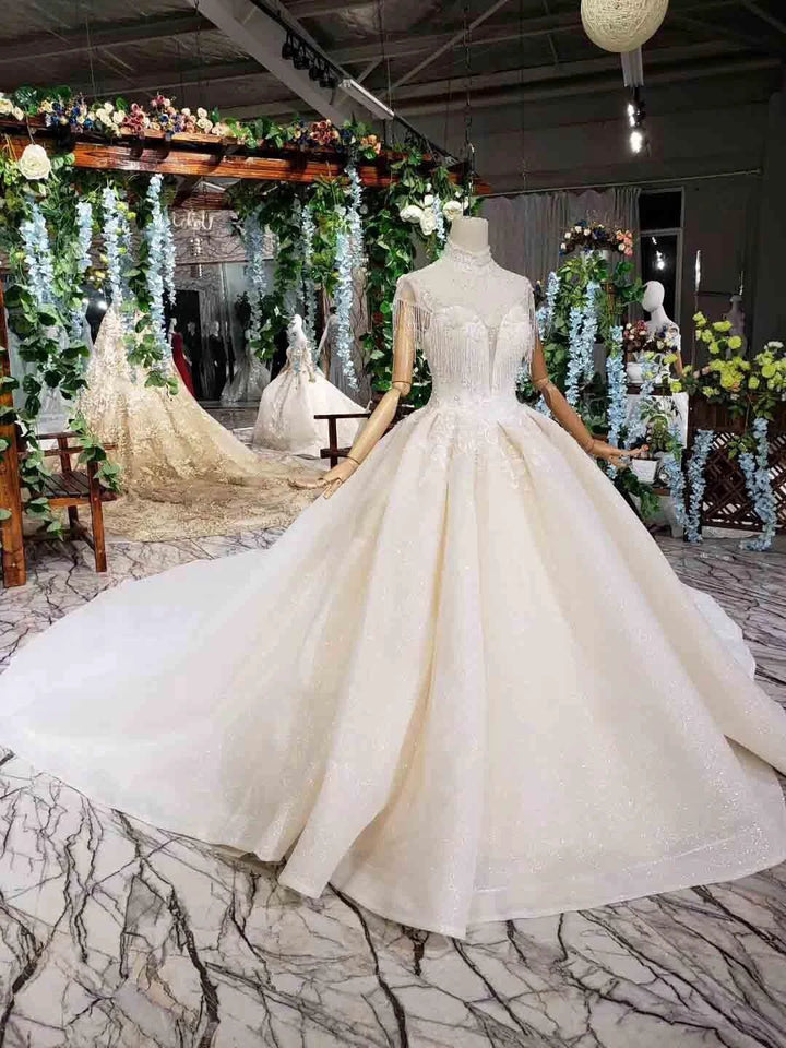 Elegant Cap Sleeves Ball Gown Beading High Neck Wedding Dress WD378 by pgmdress