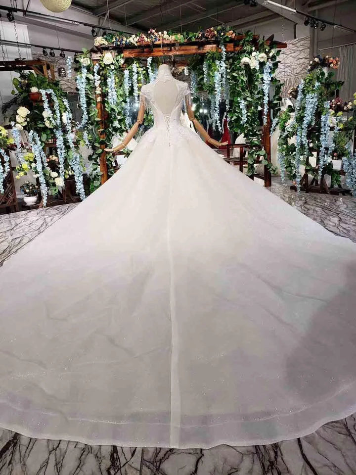 Elegant Cap Sleeves Ball Gown Beading High Neck Wedding Dress WD378 by pgmdress