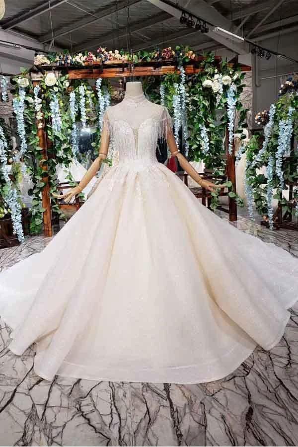 Elegant Cap Sleeves Ball Gown Beading High Neck Wedding Dress WD378 by pgmdress