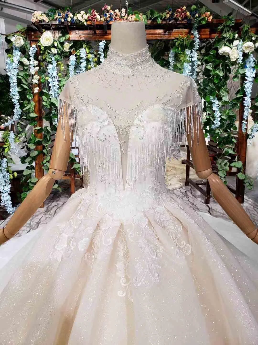 Elegant Cap Sleeves Ball Gown Beading High Neck Wedding Dress WD378 by pgmdress