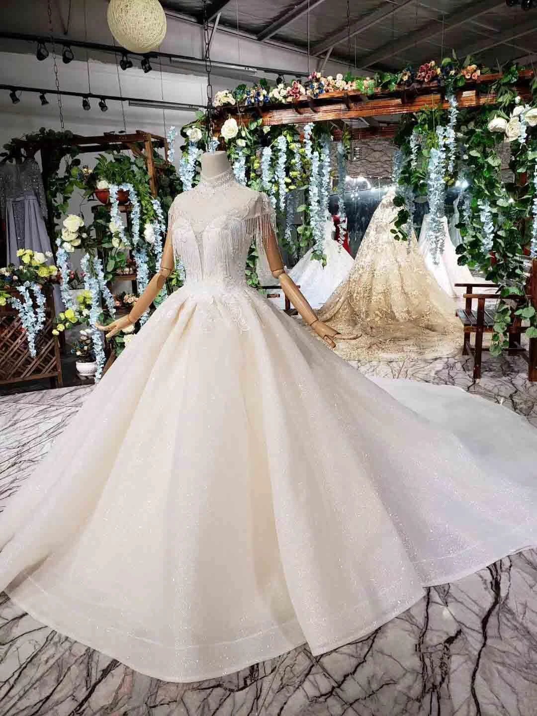 Elegant Cap Sleeves Ball Gown Beading High Neck Wedding Dress WD378 by pgmdress