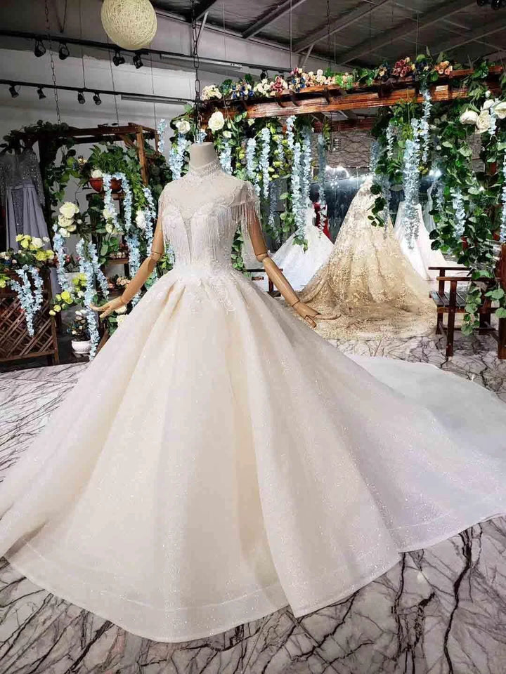 Elegant Cap Sleeves Ball Gown Beading High Neck Wedding Dress WD378 by pgmdress