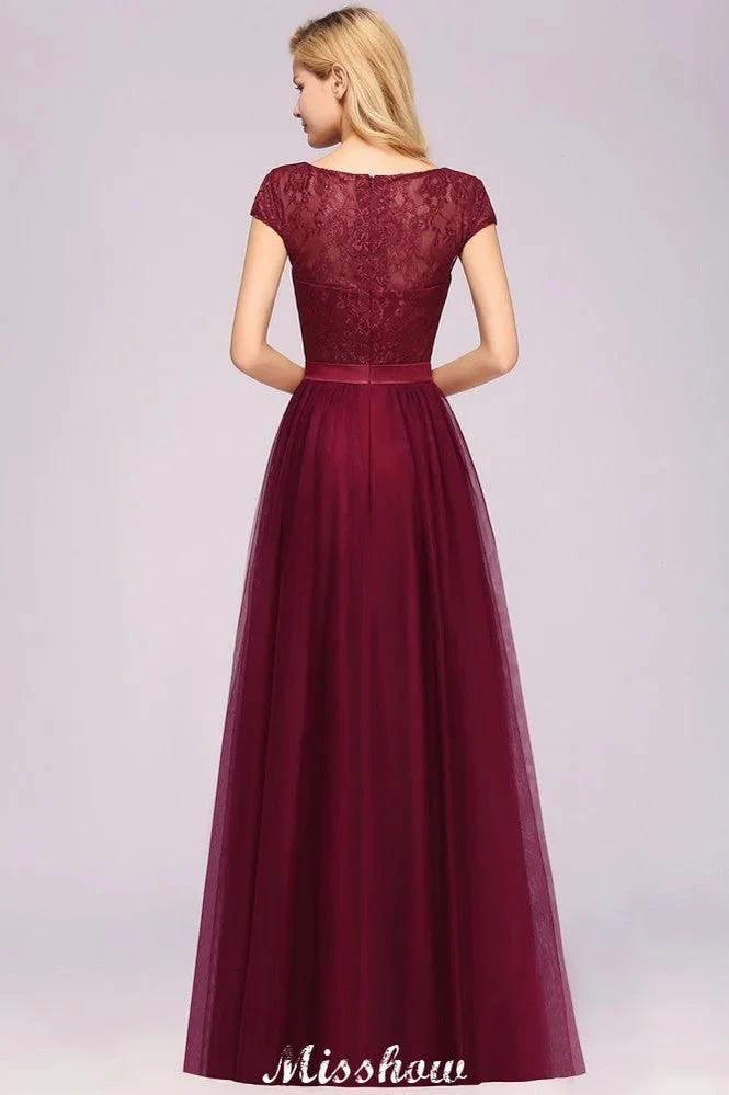 Elegant Cap Sleeves Floral aline Evening Swing Dress Appliques Tulle Bridesmaid Dress by misshow.com