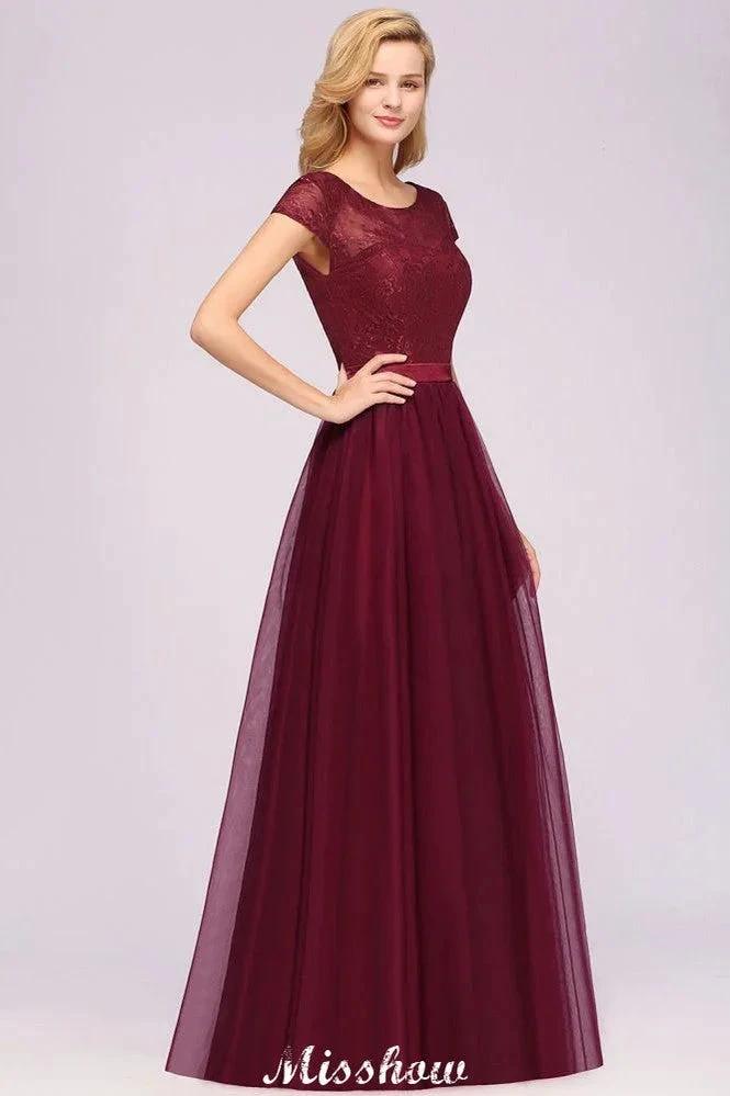 Elegant Cap Sleeves Floral aline Evening Swing Dress Appliques Tulle Bridesmaid Dress by misshow.com