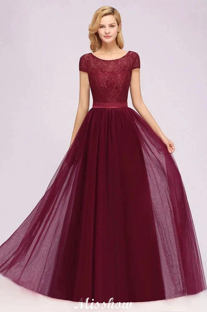 Elegant Cap Sleeves Floral aline Evening Swing Dress Appliques Tulle Bridesmaid Dress by misshow.com