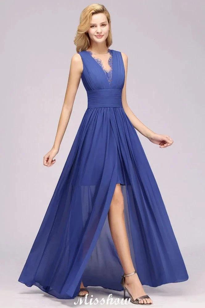 Elegant Chiffon Lace Jewel Sleeveless Floor-Length A-Line Ruffles Bridesmaid Dress by misshow.com