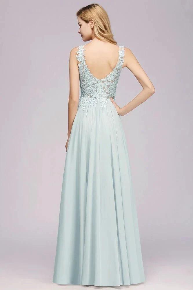 Elegant Chiffon Lace V-Neck Sleeveless Floor-Length A-Line Bridesmaid Dress with Beadings by misshow.com