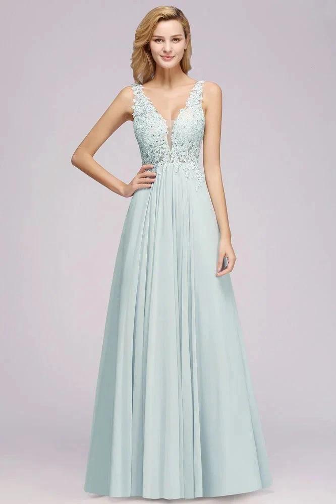 Elegant Chiffon Lace V-Neck Sleeveless Floor-Length A-Line Bridesmaid Dress with Beadings by misshow.com