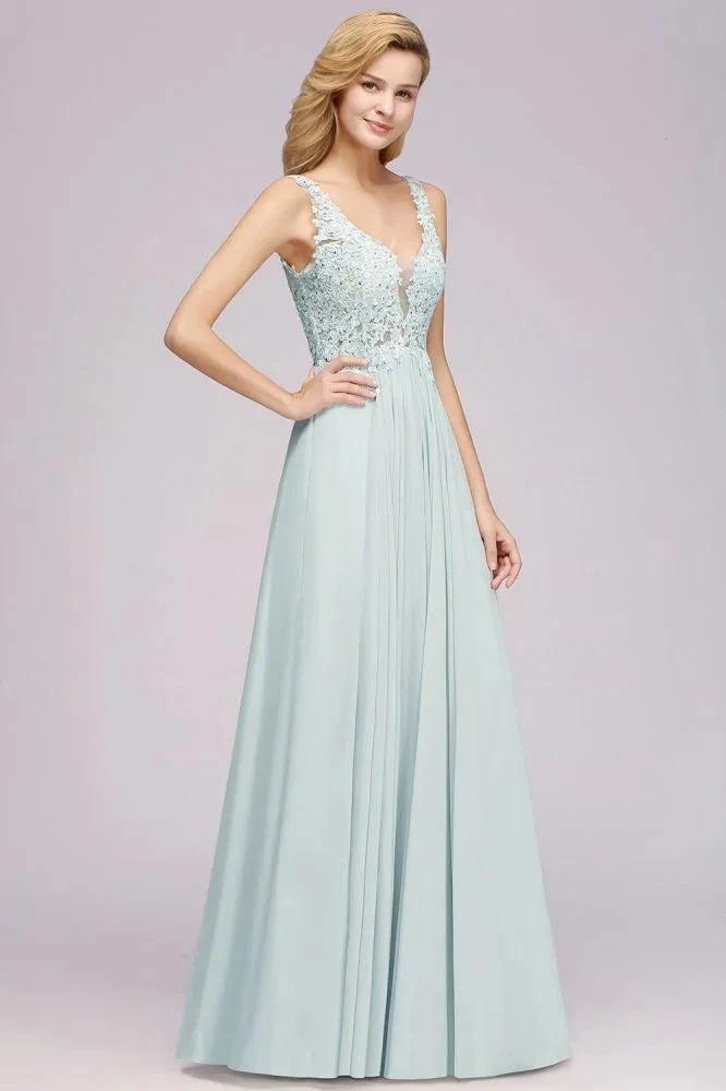 Elegant Chiffon Lace V-Neck Sleeveless Floor-Length A-Line Bridesmaid Dress with Beadings by misshow.com