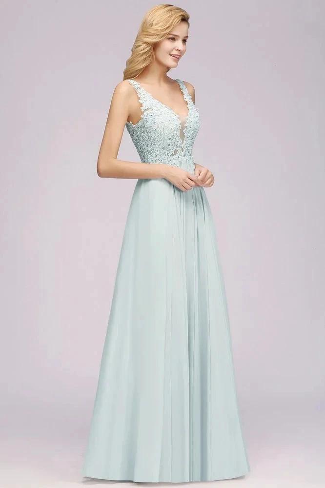 Elegant Chiffon Lace V-Neck Sleeveless Floor-Length A-Line Bridesmaid Dress with Beadings by misshow.com