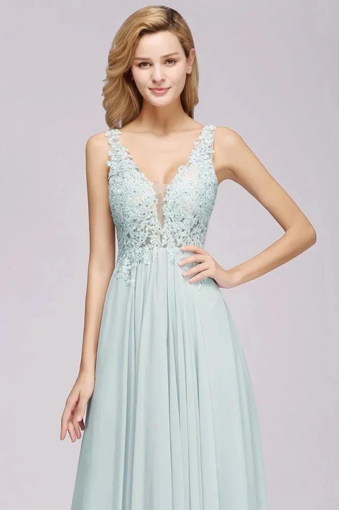 Elegant Chiffon Lace V-Neck Sleeveless Floor-Length A-Line Bridesmaid Dress with Beadings by misshow.com
