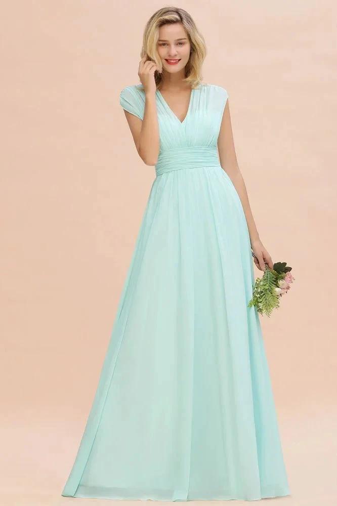 Elegant Chiffon V-Neck Sleeveless Floor-Length A-line Bridesmaid Dress with Ruffles by misshow.com