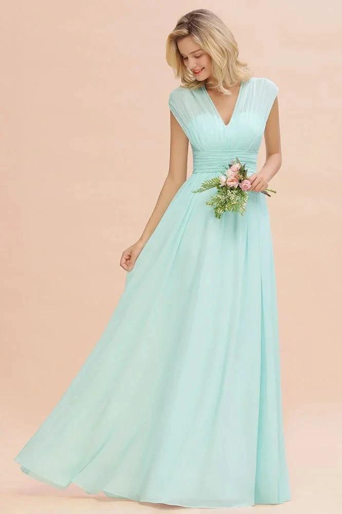Elegant Chiffon V-Neck Sleeveless Floor-Length A-line Bridesmaid Dress with Ruffles by misshow.com