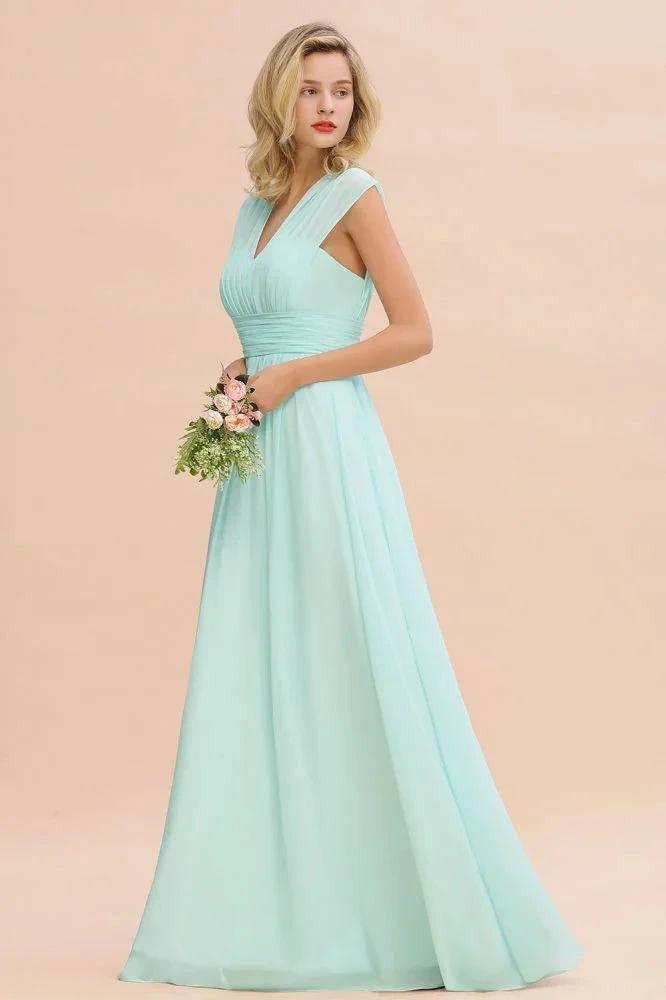 Elegant Chiffon V-Neck Sleeveless Floor-Length A-line Bridesmaid Dress with Ruffles by misshow.com