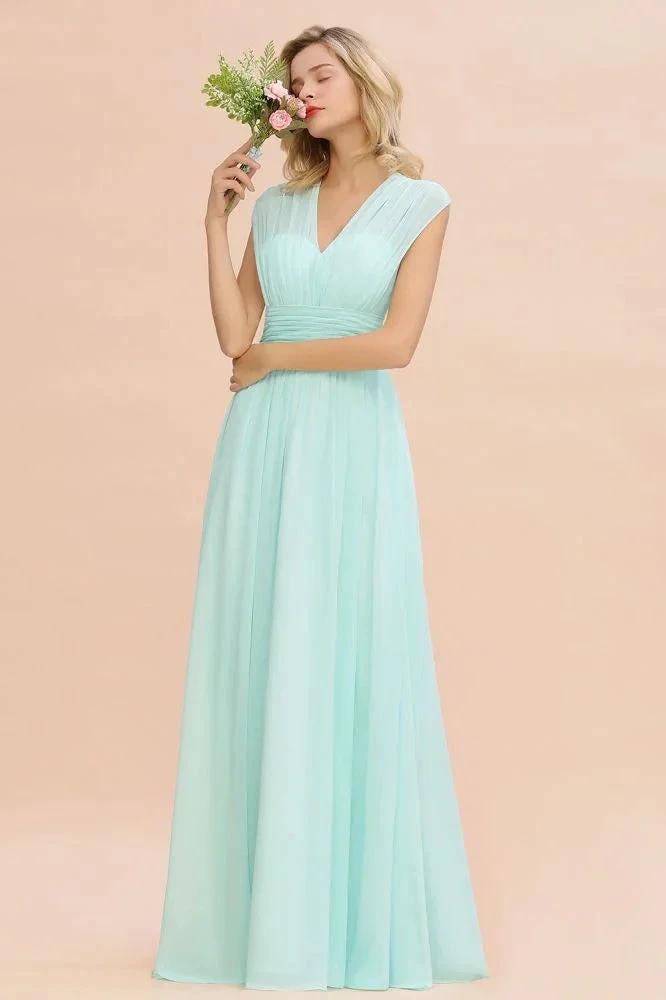 Elegant Chiffon V-Neck Sleeveless Floor-Length A-line Bridesmaid Dress with Ruffles by misshow.com