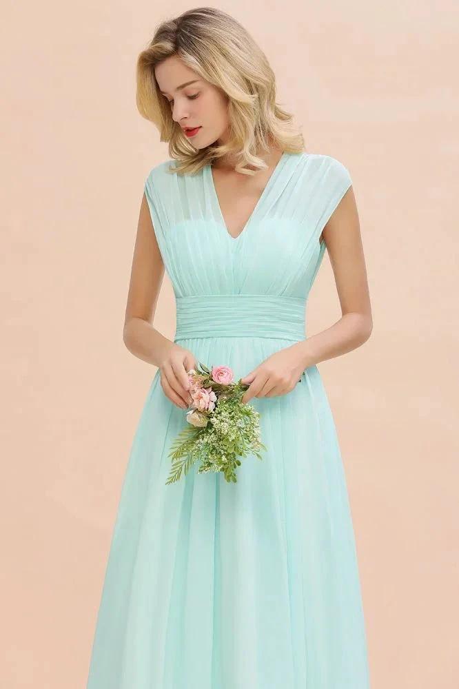 Elegant Chiffon V-Neck Sleeveless Floor-Length A-line Bridesmaid Dress with Ruffles by misshow.com