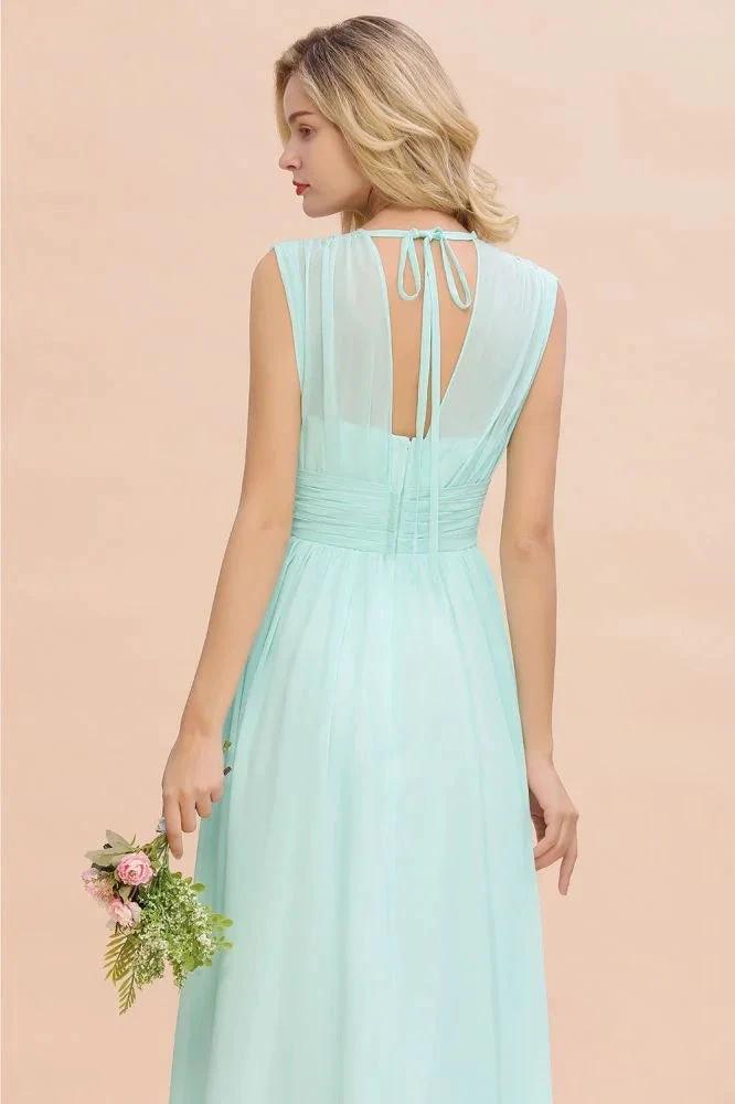 Elegant Chiffon V-Neck Sleeveless Floor-Length A-line Bridesmaid Dress with Ruffles by misshow.com