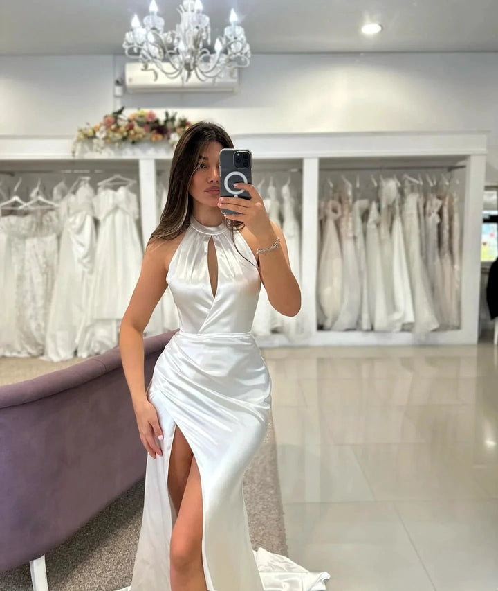 Elegant Column Satin Halter Sleeveless White Wedding Dresses With Ruffles Split Front by misshow.com