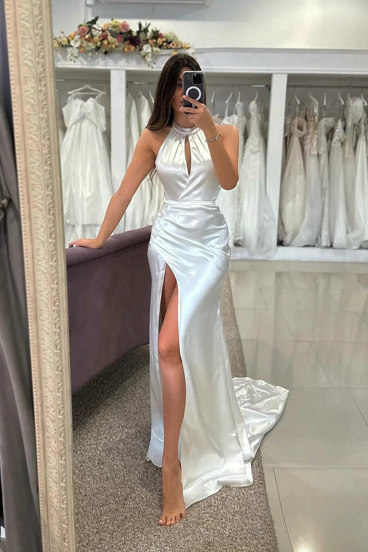 Elegant Column Satin Halter Sleeveless White Wedding Dresses With Ruffles Split Front by misshow.com
