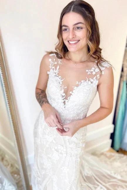 Elegant Cream Appliques Mermaid Wedding Dresses with Lace by misshow.com