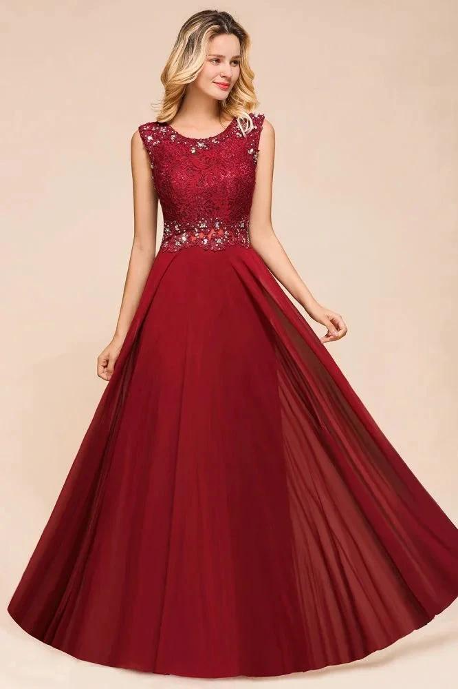 Elegant Crew Neck aline Beading Evening Dress Sleeveless Lace Floor Length Party Dress by misshow.com