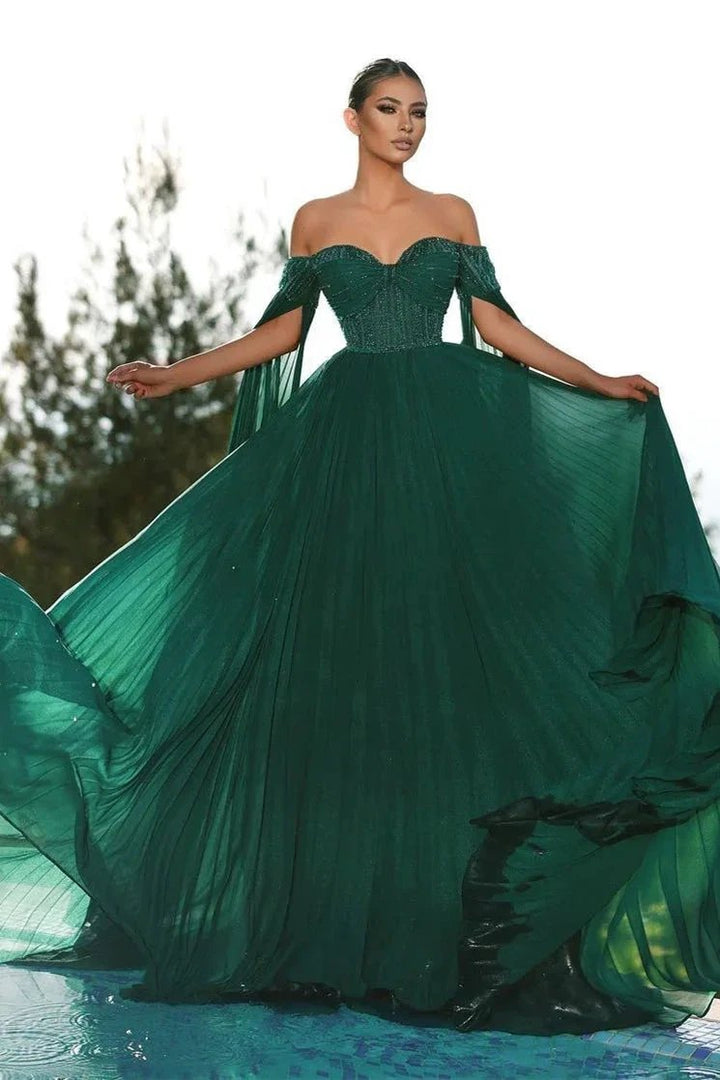 Elegant Dark Green Off-the-shoulder Sequined A-line Prom Dress