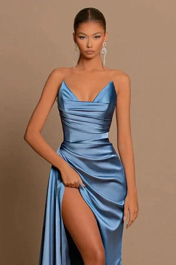 Vestido Formal Comprido Sereia Azul Esbatido Elegante com Decote Coração e Sem Mangas, com Fenda