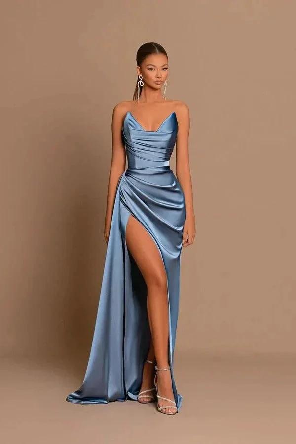 Vestido Formal Comprido Sereia Azul Esbatido Elegante com Decote Coração e Sem Mangas, com Fenda
