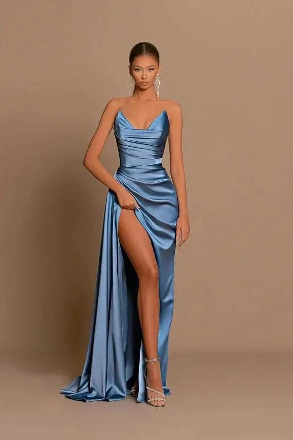 Vestido Formal Comprido Sereia Azul Esbatido Elegante com Decote Coração e Sem Mangas, com Fenda