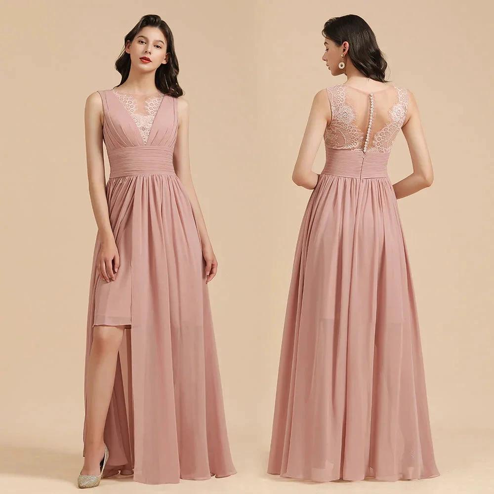 Elegant Dusty Pink Sleeveless Floral Lace Bridesmaid Dress Side Split Party Dress by misshow.com