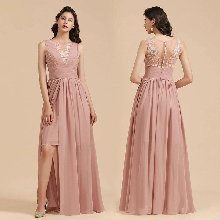 Elegant Dusty Pink Sleeveless Floral Lace Bridesmaid Dress Side Split Party Dress by misshow.com