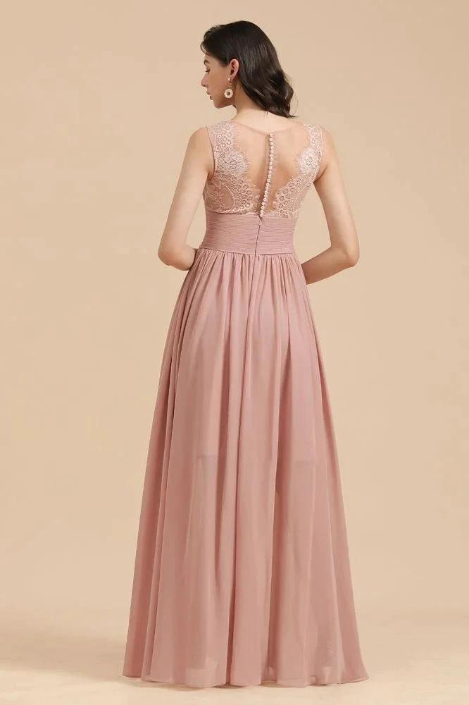 Elegant Dusty Pink Sleeveless Floral Lace Bridesmaid Dress Side Split Party Dress by misshow.com
