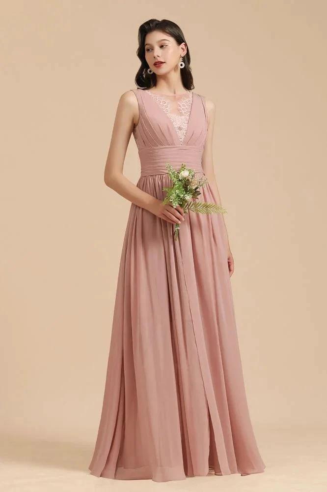 Elegant Dusty Pink Sleeveless Floral Lace Bridesmaid Dress Side Split Party Dress by misshow.com